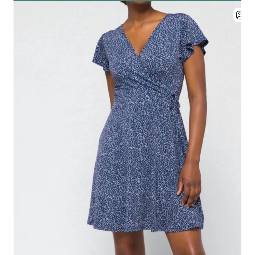 Kaileigh Kaela Navy Blue Faux Wrap Knit Dress  Print Short‎ Sleeve L NEW